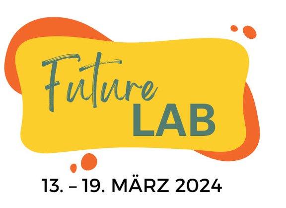 Eine Grafik mit gelbem und rotem Hintergrund. In den Blasen steht geschrieben Future LAB und das Datum 13. bis 19. März