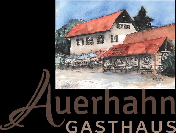 Logo Gasthaus Auerhahn. Wirtshaus mit Biergarten gemalt.