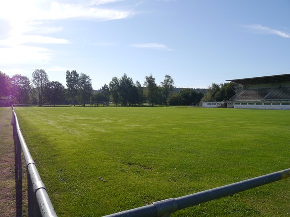 Fußballrasenplatz mit einer großen Tribüne am Seitenrand