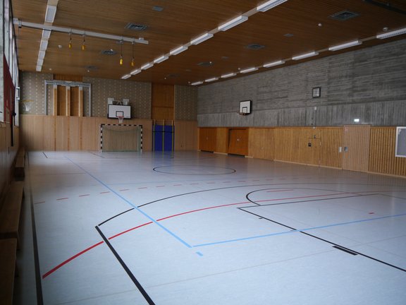 blaues Spielfeld einer Turnhalle mit Handballtoren