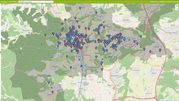 Landkarte von Villingen-Schwenningen mit vielen verschiedenfarbigen Markierungen.
