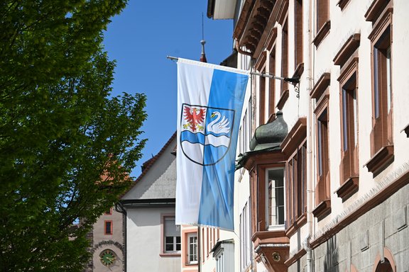 Die Villingen-Schwenningen-Flagge ist in den Farben weiß und blau und darauf ist ein Schwan und ein Adler zu sehen.