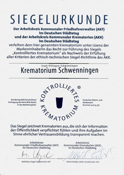 Die Siegelurkunde der Gemeinschaft 'Kontrolliertes Krematorium'.