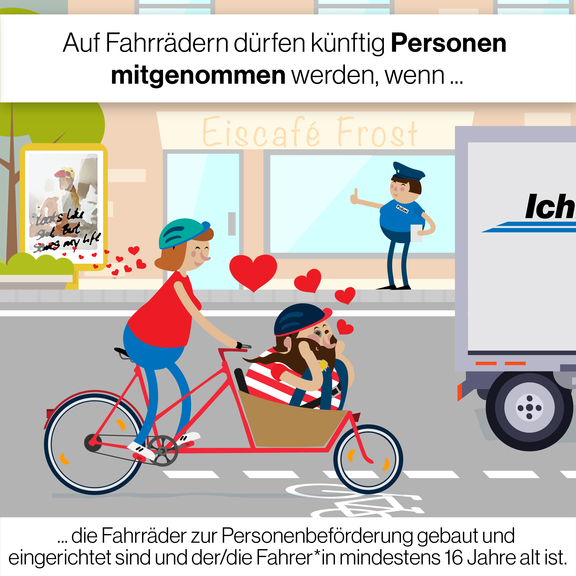 Gezeichnetes Bild. Zwei Personen auf dem Lastenfahrrad, dabei sitzt eine im Korb vorne. Herzen fliegen durch die Luft.