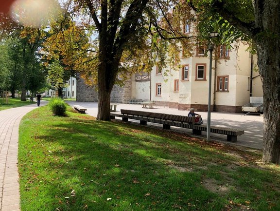 Der Schulhof der Klosteringschule liegt direkt an den Wegen der Ringanlagen in Villingen.