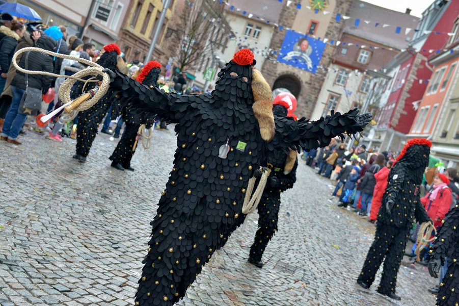 Zur Austreibung des Winters halten einige Vereine eine drei bis vier Meter lange Karbatsche in der Hand und zeigen die Kunst des Peitschens an den Fasnetsumzügen.